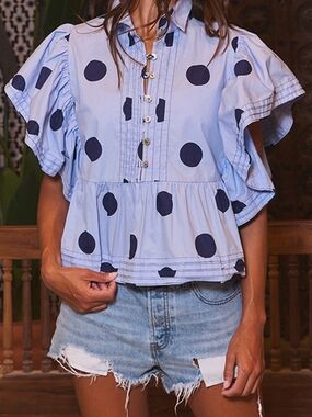 BUCKETLIST Light Blue Blouse with Navy Polka Dots